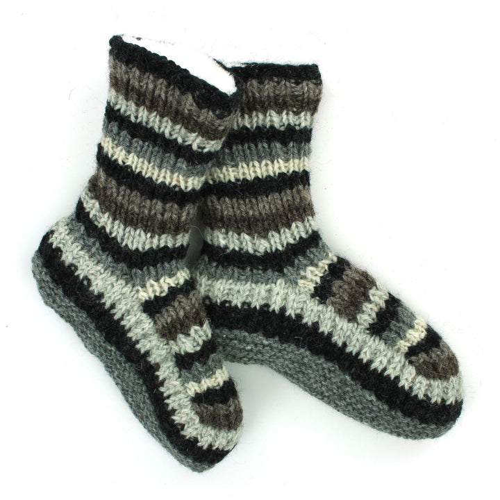 Hand Knitted Wool Slipper Socks - Stripe Natural