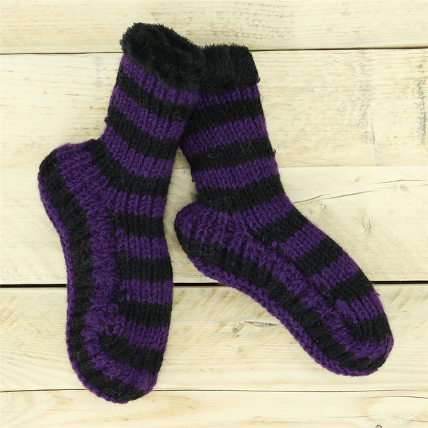Hand Knitted Wool Slipper Socks - Stripe Purple Black