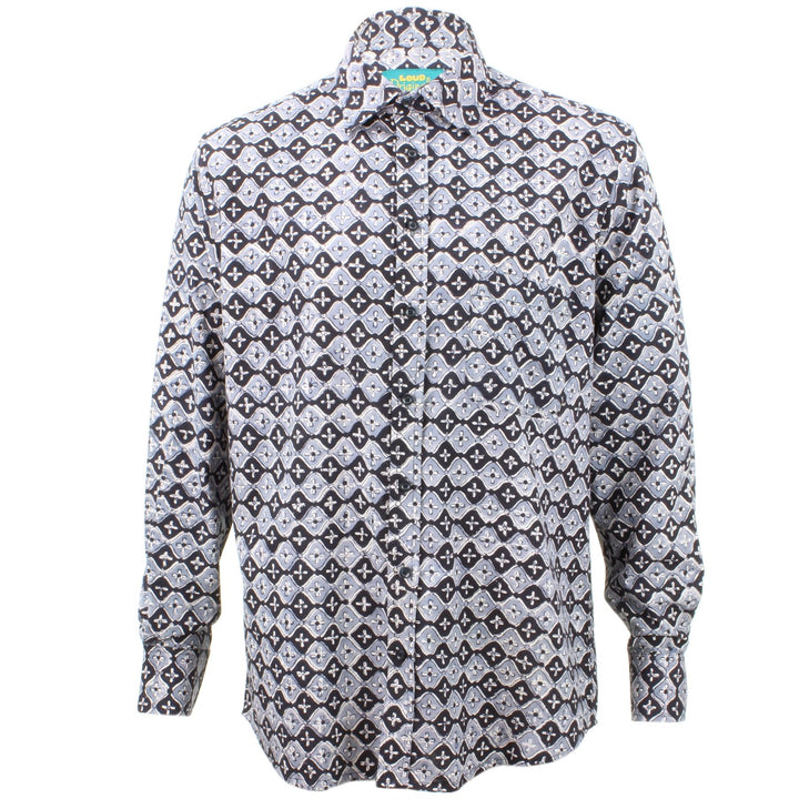 Regular Fit Long Sleeve Shirt - Black & Grey Spanish Tile Print