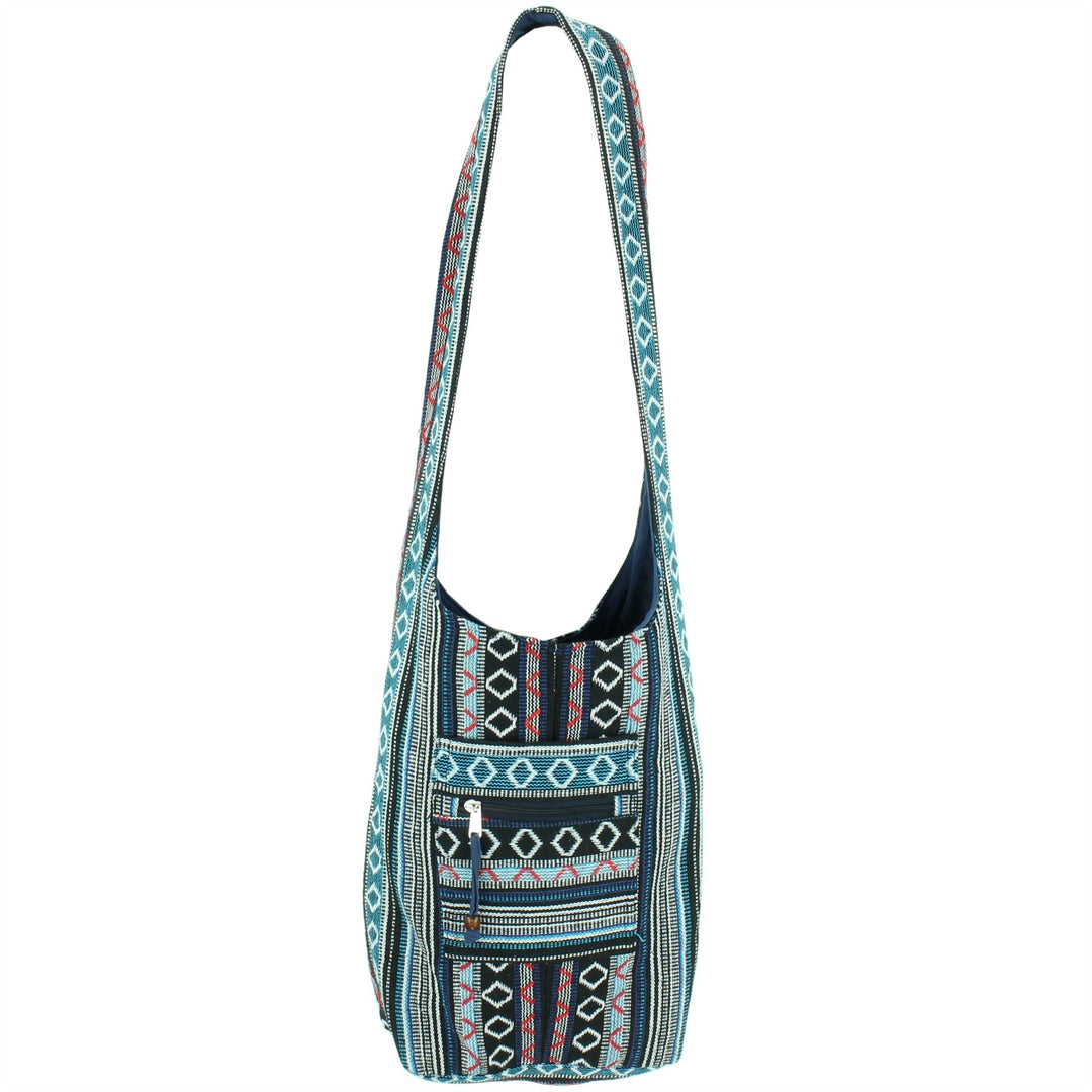 Diamond Pattern Canvas Sling Shoulder Bag - Black Blue