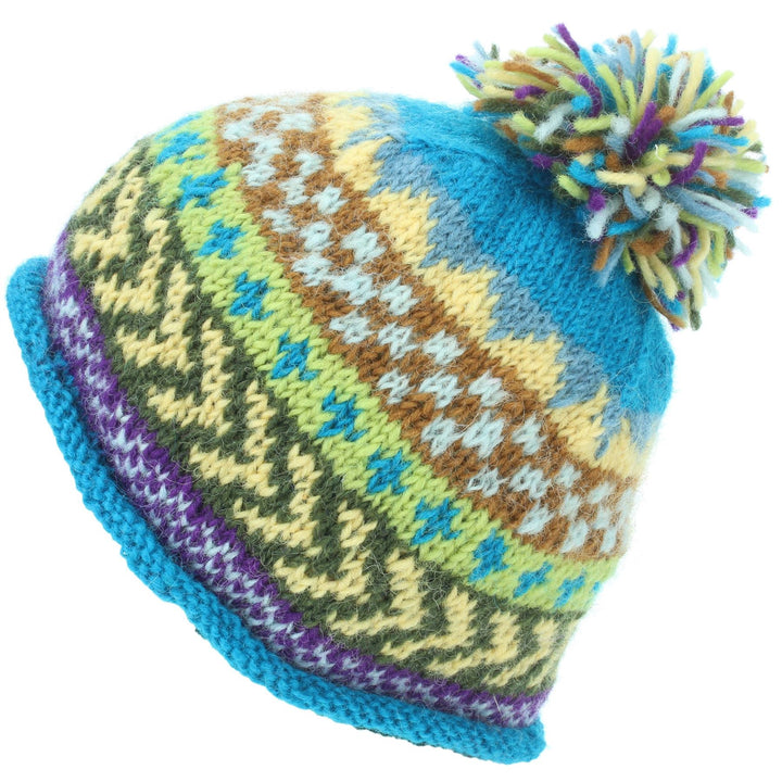 Wool Knit Beanie Bobble Hat - Chevron - Blue
