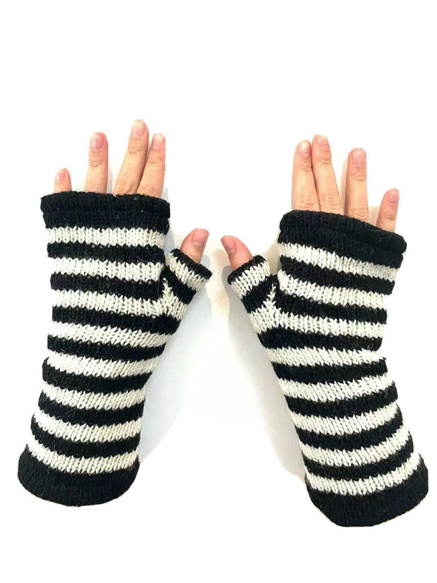 Wool Knit Fleece Lined  Wrist Warmers - Stripe White Black