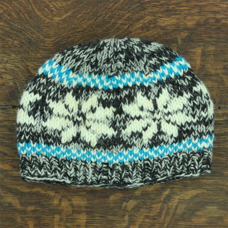 Hand Knitted Wool Beanie Hat - Snowflake Grey Turquoise