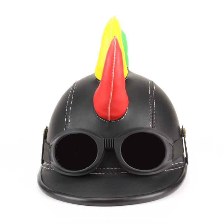 Saw Blade Mohawk Horned Novelty Festival Helmet with Goggles - Black & Rainbow