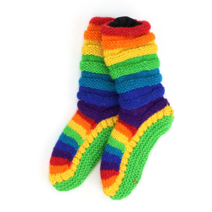 Hand Knitted Wool Slipper Socks Lined - Stripe Rainbow 1