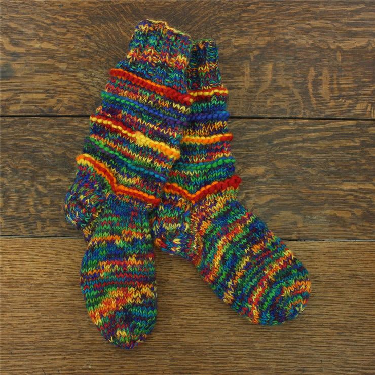 Hand Knitted Wool Slipper Socks Lined - SD Rainbow Rib