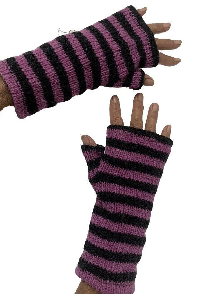 Wool Knit Fleece Lined  Wrist Warmers - Stripe Cerise Black