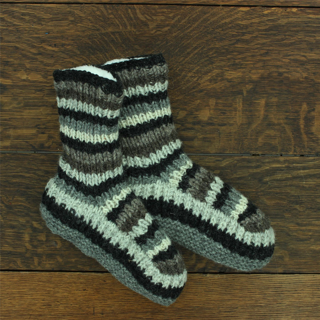Hand Knitted Wool Slipper Socks - Stripe Natural