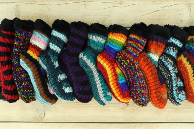 Hand Knitted Wool Slipper Socks - Stripe Teal