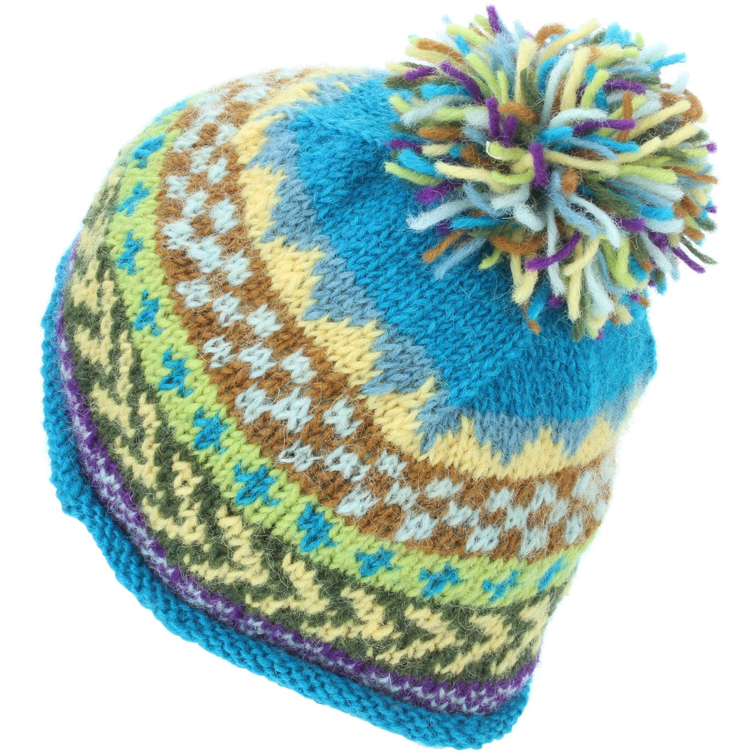 Wool Knit Beanie Bobble Hat - Chevron - Blue