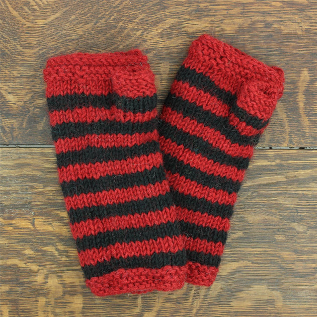 Hand Knitted Wool Arm Warmer Stripe Red Black LoudElephant
