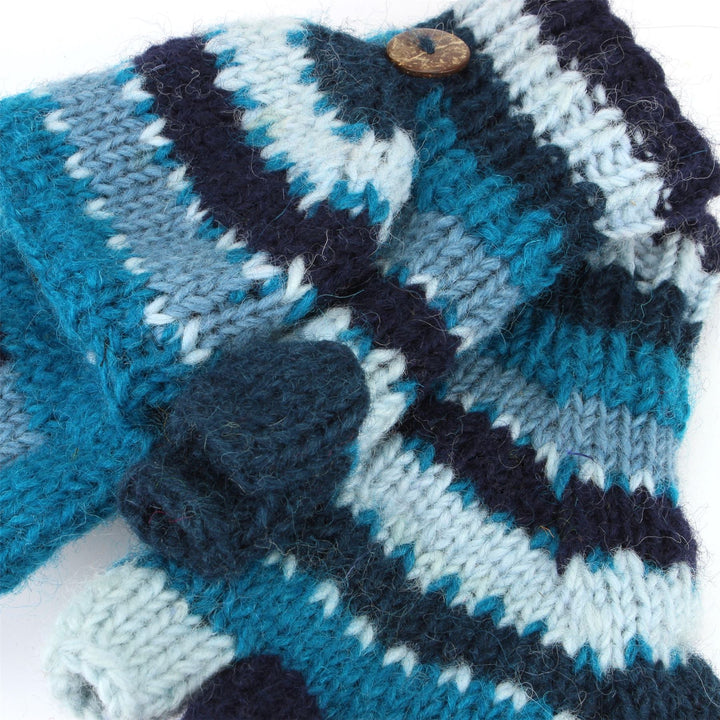 Chunky Wool Knit Fingerless Shooter Gloves - Stripe - Blue