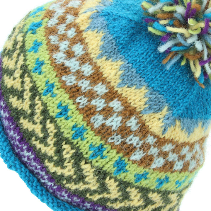 Wool Knit Beanie Bobble Hat - Chevron - Blue