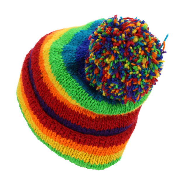 Hand Knitted Wool Beanie Bobble Hat - Stripe Rainbow 1