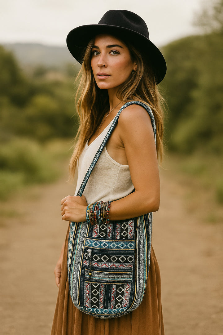 Diamond Pattern Canvas Sling Shoulder Bag - Black Blue