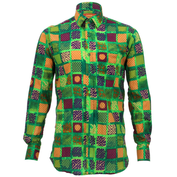 Regular Fit Long Sleeve Shirt - Green & Multicoloured Square Abstract