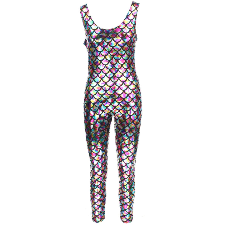 Shiny Mermaid Scale Sleeveless Catsuit - Rainbow