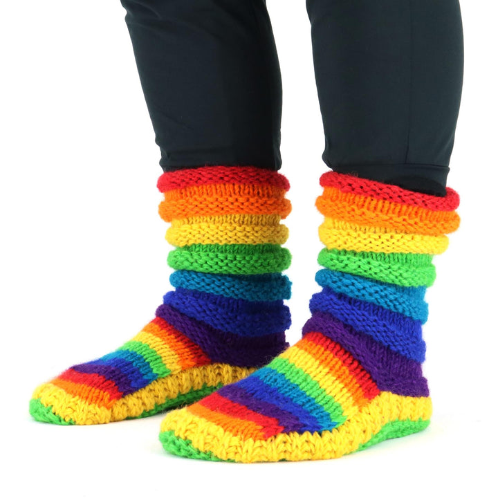 Hand Knitted Wool Slipper Socks Lined - Stripe Rainbow 1