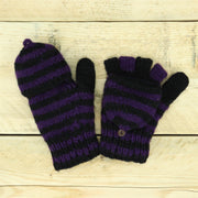 Hand Knitted Wool Shooter Gloves - Stripe Purple Black