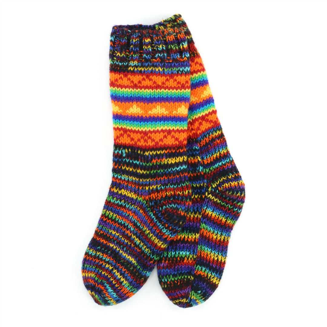 Hand Knitted Wool Slipper Socks - SD Black Rainbow Orange