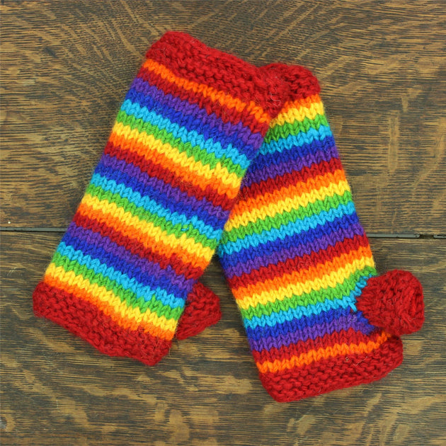 Hand Knitted Wool Arm Warmer Stripe Bright Rainbow LoudElephant