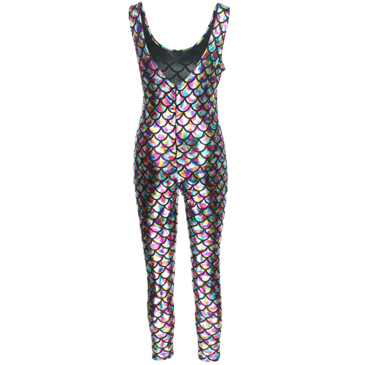 Shiny Mermaid Scale Sleeveless Catsuit - Rainbow
