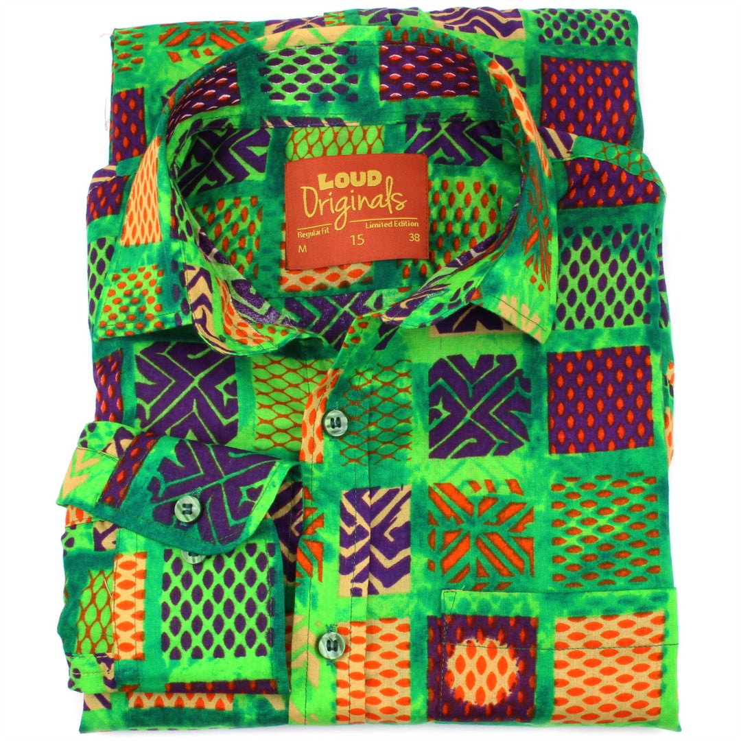 Regular Fit Long Sleeve Shirt - Green & Multicoloured Square Abstract