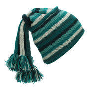 Hand Knitted Beanie Fountain Tassel Hat - Stripe Teal
