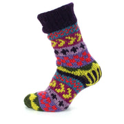 Hand Knitted Wool Slipper Socks Lined - Chevron Purple
