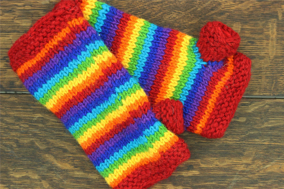 Hand Knitted Wool Arm Warmer Stripe Bright Rainbow LoudElephant