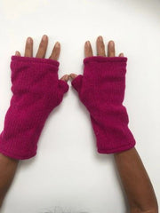 Wool Knit Fleece Lined  Wrist Warmers - Plain Dark Pink
