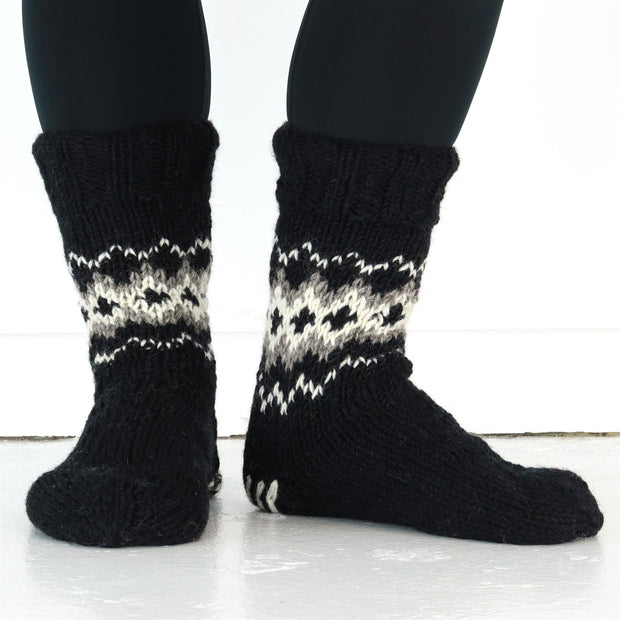 Hand Knitted Wool Slipper Socks Lined - Fairisle Black
