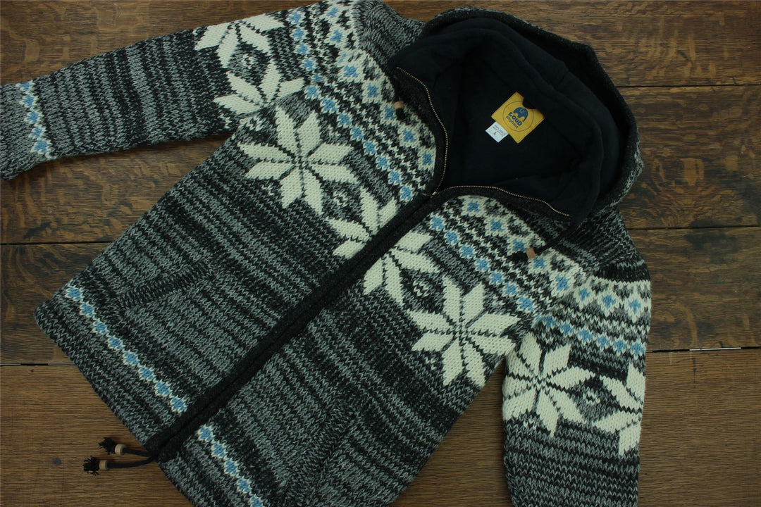 Hand Knitted Wool Hooded Jacket Cardigan - Fairisle Grey
