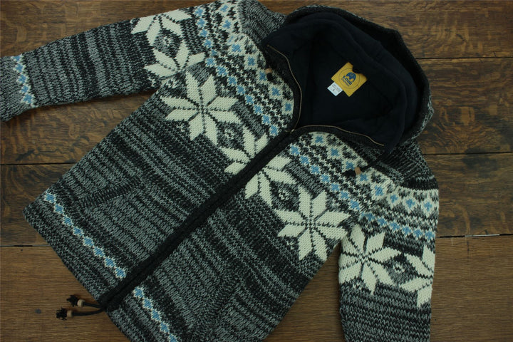 Hand Knitted Wool Hooded Jacket Cardigan - Fairisle Grey