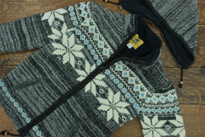 Hand Knitted Wool Hooded Jacket Cardigan - Fairisle Grey