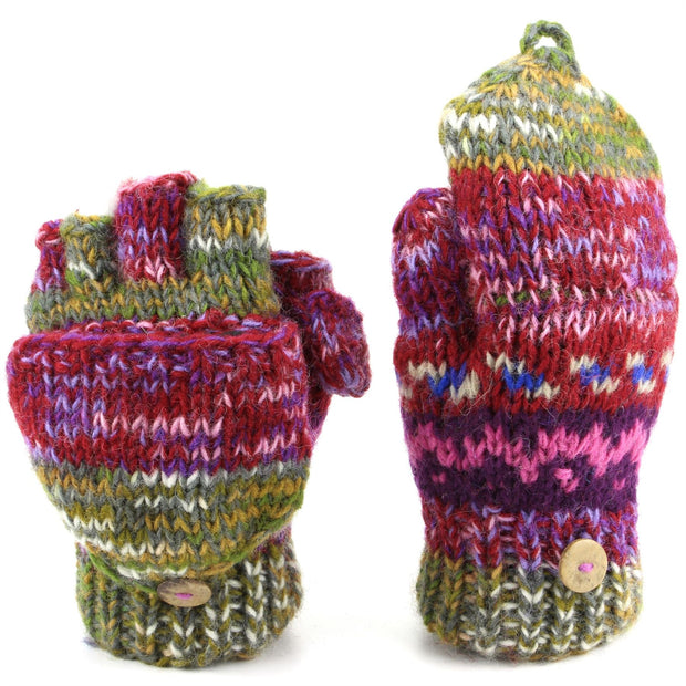Wool Knit Fingerless Shooter Gloves - Space Dye (Purple & Green)