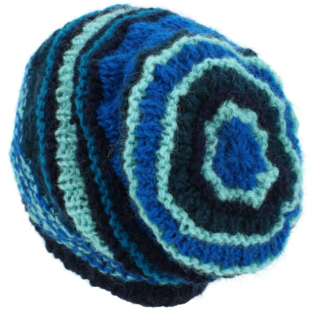 Wool Knit Beanie Hat - Stripe Blue
