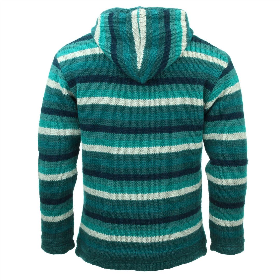 Hand Knitted Wool Hooded Jacket Cardigan - Stripe Teal
