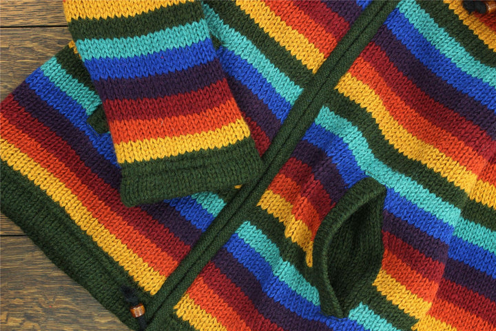 Hand Knitted Wool Hooded Jacket Cardigan Ladies Cut - Stripe Dark Rainbow