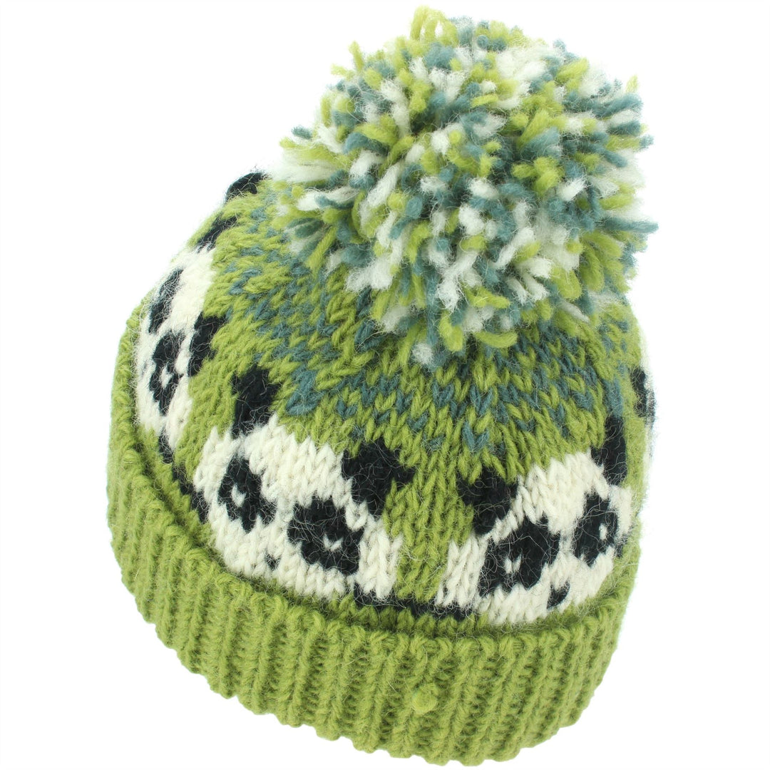 Wool Knit Bobble Beanie Hat - Panda - Green Grey