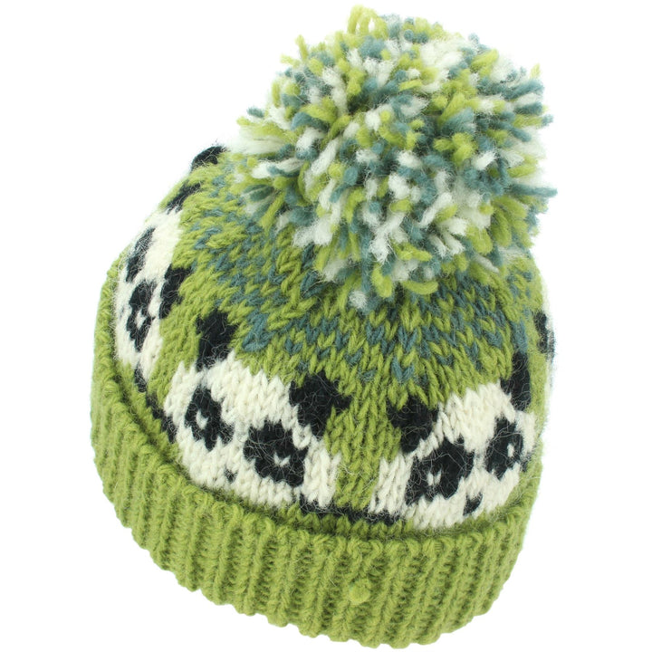 Wool Knit Bobble Beanie Hat - Panda - Green Grey