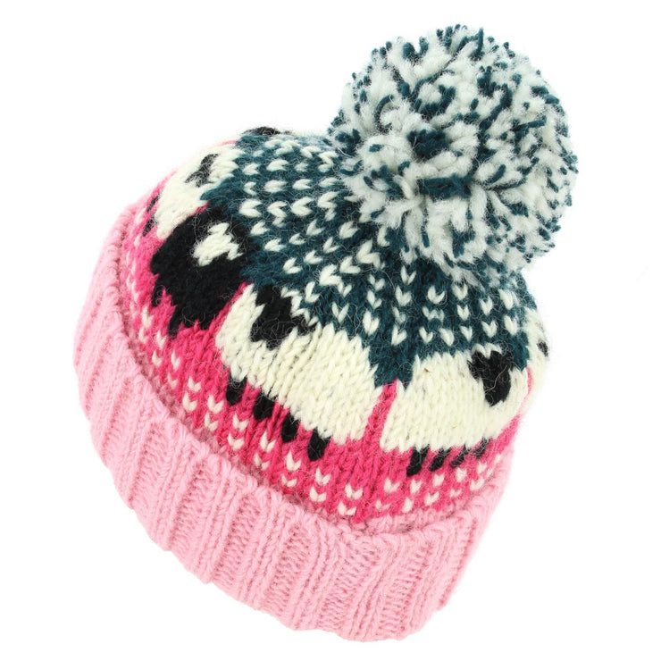 Hand Knitted Wool Beanie Bobble Hat - Sheep - Bright Pink