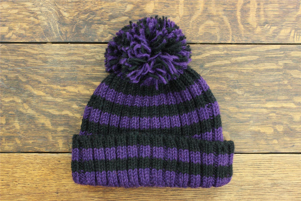 Hand Knitted Wool Beanie Bobble Hat - Stripe Purple Black