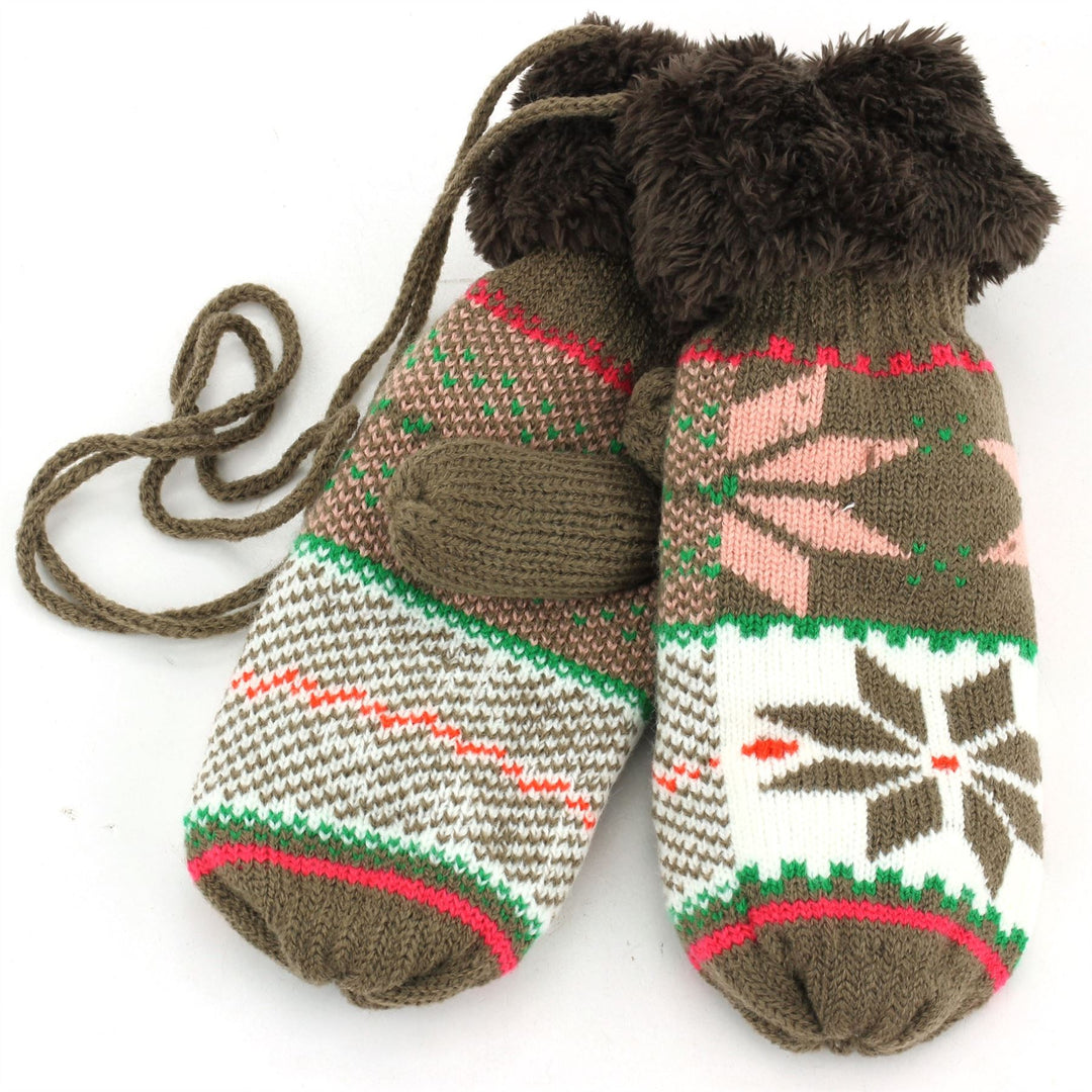 Thick Lining Snowflake Mittens - Brown