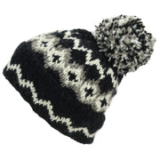 Hand Knitted Wool Beanie Bobble Hat - Fairisle Black