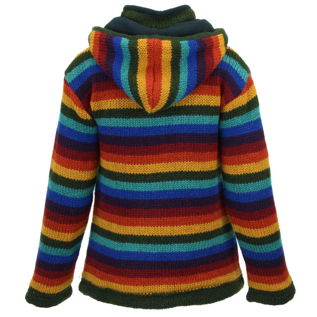 Hand Knitted Wool Hooded Jacket Cardigan Ladies Cut - Stripe Dark Rainbow