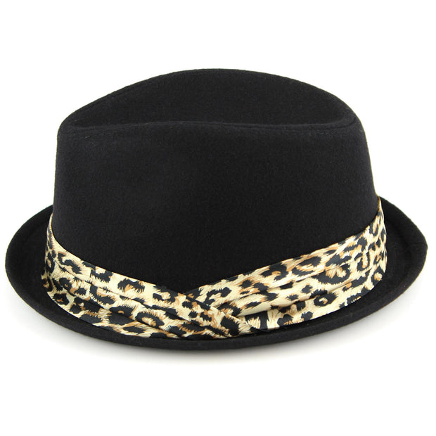 Women's felt rolled brim trilby hat with satin leopard print band - Black (57cm)