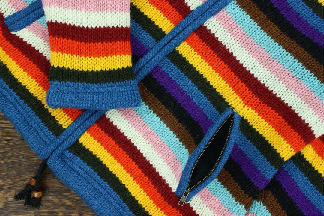 Hand Knitted Wool Hooded Jacket Cardigan - Stripe Progress Rainbow