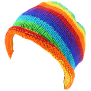 Chunky Wool Knit Beanie Hat with Rolled Brim - Rainbow