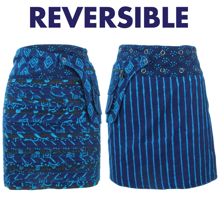 Reversible Popper Wrap Knee Length Skirt - Indigo Patch Strips / Indigo Stripe